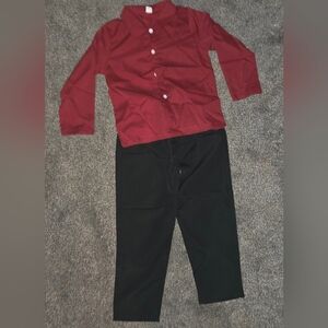 SHEIN 3 Piece Kids Set Red Button Up Shirt & Black Slacks With Suspenders & Bow